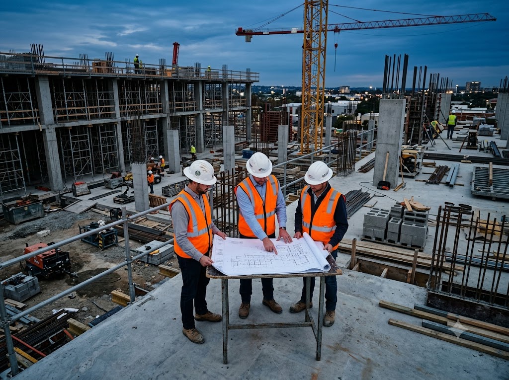 Equipo de ingeniería revisando planos en una obra de construcción